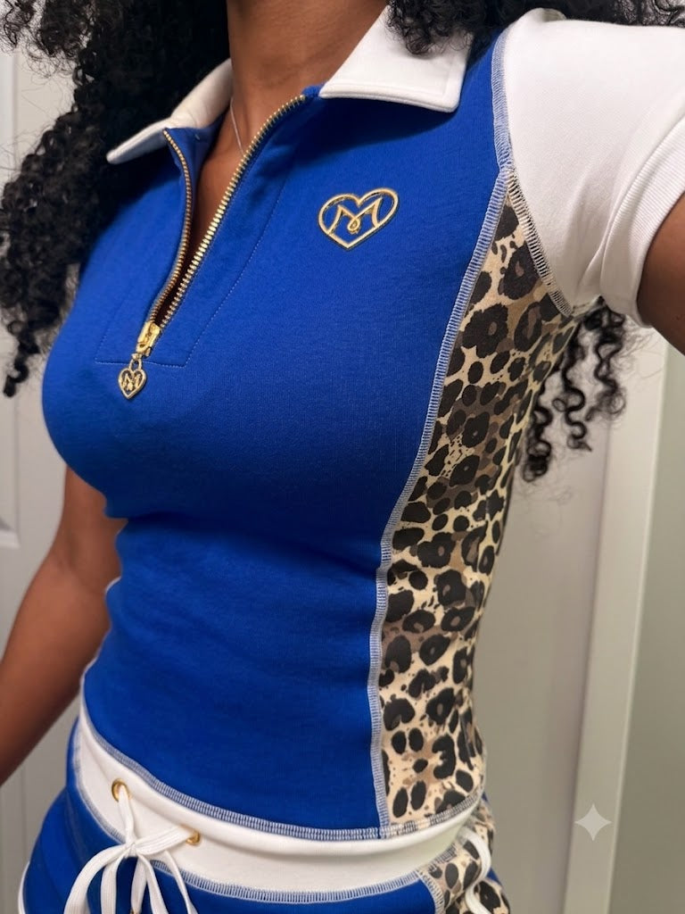 Leopard Panel Polo Set (Blue)