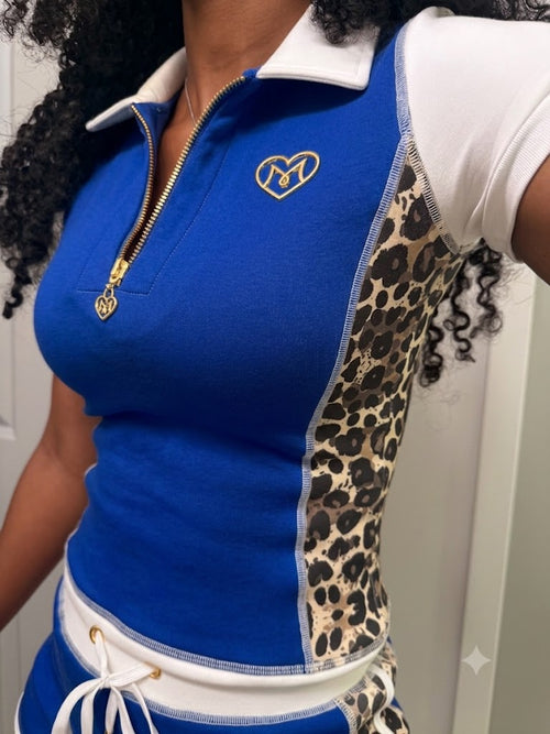 Leopard Panel Polo Set (Blue)